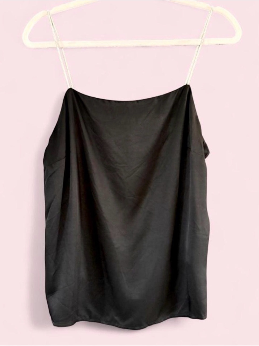 black satin-like blouse with silver bead straps